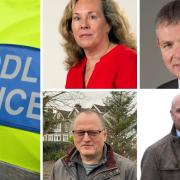 The four Police and Crime Commissioner candidates for Dyfed-Powys, from left: Philippa Thompson (Labour and Co-operative Party), Ian Harrison (Welsh Conservatives), Justin Griffiths (Welsh Liberal Democrats), and Dafydd Llywelyn (Plaid Cymru).