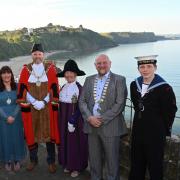 Second-time Mayor of Tenby,  Cllr Dai Morgan, is pictured flanked by Mayor's Cadets Jack Mason (left) and Aidan Guymer, with town clerk Andrew Davies,, mayoress Melanie Lewis; Sergeant-at-Mace Denise Cousins and deputy mayor Cllr Charles Dal