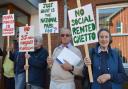 Newport residents make their feelings known outside the National Park offices. PICTURE: Western Telegraph