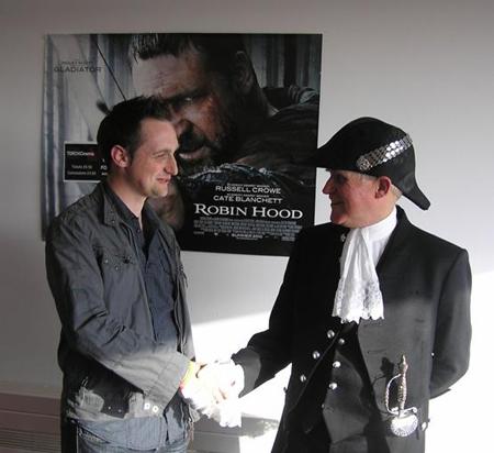 Adam Goy, of Haverfordwest, who appears as an extra in the film Robin Hood, meets Dyfed High Sheriff David Pryse Lloyd
