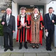 Cllr Sian Maehrlein and her consort, Cllr David Maehrlein, together with the town's mace bearers