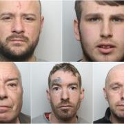 Darren Connolly, Rhys Long, Dominic Dewick, Mark Hambrook and Nigel Yates (clockwise from top left) and Aaron Turvey were jailed for a total of 35 years.