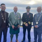 Deputy Mayor of Wexford, Cllr Leonard Kelly; Deputy Mayor of Fishguard, Cllr William Shaw, Stena Nordica captain and Cllr Jim Moore, Cathaoirleach Rosslare Municipal District.