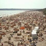 Crowds on the beach in Tenby in the 1970s.