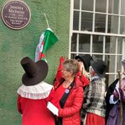 Jane Hutt, with help from Jemima's Army, unveils the purple plaque.