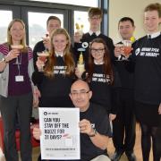 Sixth formers from Ysgol Bro Gwaun attended the launch of Dry January at the Phoenix Centre. They are pictured with Marc Mordey enjoying their 'mocktails'.PICTURE: Western Telegraph (17927876)