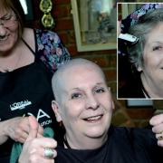 Thumbs up for her fund-raising head-shave from Monica Thomas of Whitland, also pictured (inset) at the  start of the event.
PICTURE: Gareth Davies Photography
 (20260593)