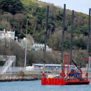 A jack up-rig used for drilling exploratory boreholes for Fishguard's proposed marina has arrived in the bay. PIC: Johnny Morris (23122534)