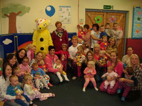 Neyland Baby and Toddler Group held a pyjama party to raise money for Children in Need, selling pudsey chocolates and cookies and cakes to buy and decorate. There was a visit from Pudsey Bear and Mayor Maureen Molyneux. The group raised an amazing £63.20