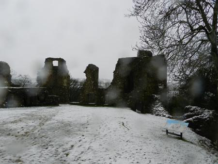Snow falls at Narberth castle.