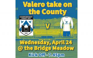 Haverfordwest County will play Valero Pembroke Refinery in a charity football match at Bridge Meadow Stadium on April 24.