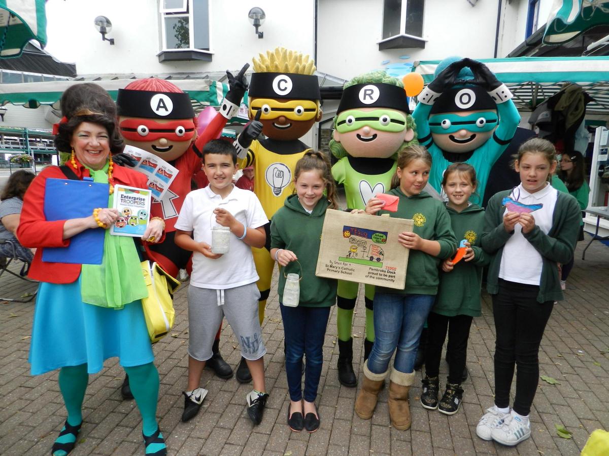 Pupils from St Mary's School meet the Enterprise Troopers who are encouraging children across Wales to discover their entreprenurial spirit and skills.