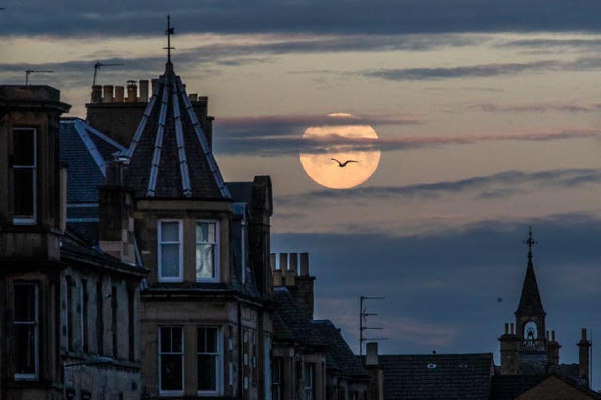 The pink super moon is seen setting behind the rooftops in Edinburgh (Jane Barlow/PA)