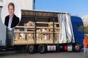 A lorry carrying aid for Ukraine and, inset, Dr Sergey Tadtayev