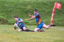 Ashley Sutton scoring for Narberth against Tata Steel