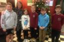 Headteacher Louise John with some of the pupils from Prendergast primary school at Theatr Gwaun