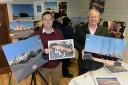 Saundersfoot Harbour chief executive Mike Davies and harbour commissioner Pip Parker are pictured with the visuals of the tall ship building, the completed decking and Ocean Square that can be seen at the exhibition. PICTURE: Gareth Davies Photography.