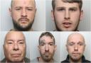 Darren Connolly, Rhys Long, Dominic Dewick, Mark Hambrook and Nigel Yates (clockwise from top left) and Aaron Turvey were jailed for a total of 35 years.