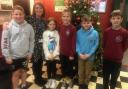 Headteacher Louise John with some of the pupils from Prendergast primary school at Theatr Gwaun