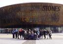 Ysgol Bro Gwaun pupils are pictured outside the Wales Millennium Centre in Cardiff Bay.