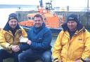 Pictured, from left: Fishguard RNLI Coxswain Paul Butler, Mark Bean and Fishguard RNLI Assistant Mechanic Colin Dunn. PICTURE: RNLI/Fishguard