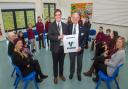 William James from Valero and Dennis Jones of Pembroke Rotary Club are pictured with members of Theatr Fforwm Cymru and pupils from Penrhyn Church in Wales VC School.