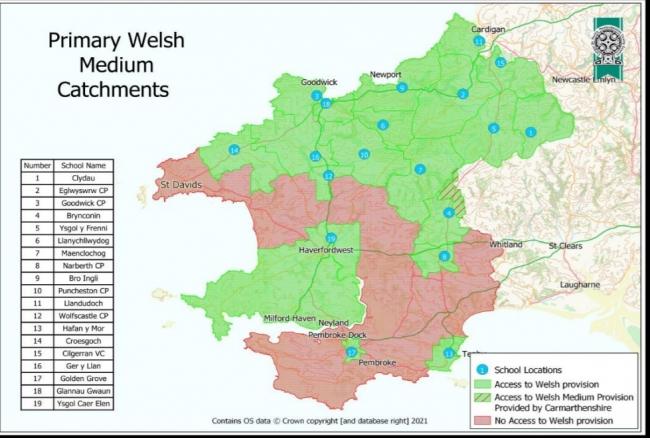 Primary school catchment map for Welsh medium education in Pembrokeshire where currently demand outstrips supply. PICTURE: PCC report