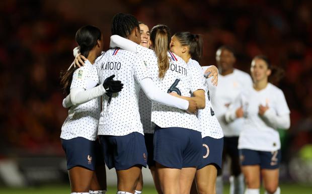 Western Telegraph: Marie-Antoinette Katoto of France celebrates scoring a goal with team mates. Picture: Chris Fairweather/Huw Evans Agency