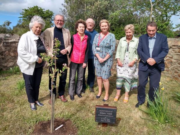 Western Telegraph: Representatives of Yr Hen Ysgol and Wales Air Ambulance with an apple tree planted in Eileen's memory
