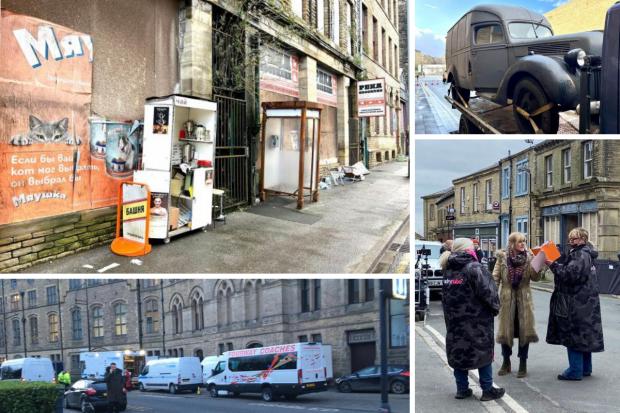Top left and top right photos by Mark Davis show the set of The Crown. Lower left photo shows film crews outside the Bradford Police Museum. Lower right photo shows Siobhan Finneran who plays Clare Cartwright in the TV show, with Sally Wainwright (left).
