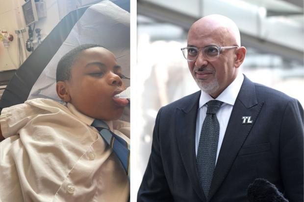 Raheem Bailey pictured while in hospital and left Nadhim Zahawi who has called the incident 'sickening'. Pictures: Supplied/PA