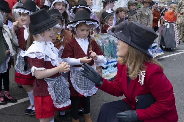 Western Telegraph: Lord Lieutenant of Dyfed, Sara Edwards meets local children. Picture: Martin Cavaney