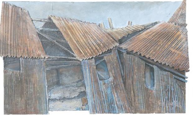 Western Telegraph: Crinkly Old Barn, oils on wood