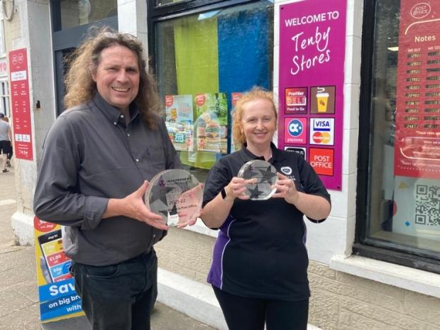 Western Telegraph: Vce and Fiona outside their award-winning Tenby Stores