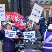Rachel Nicholas and Christine Evans from Ceredigion Women Against State Pension Injustice (WASPI) at a rally outside the Houses of Parliament to highlight their campaign for fair and fast compensation