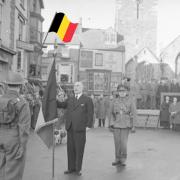 New colours being presented to Second World War Belgian troops at Tenby by the Belgian Prime Minister Monsieur Hubert Pierlot.