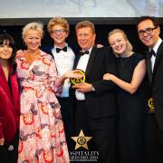 Left to right- Claudia Winkleman, Melanie, Jacques,Lucas and Saskia Boissevain from Penally Abbey and the AA's Simon Numphud.
