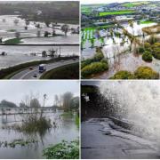 Flooding caused by Storm Ciarán in Llanddowror (top left), Kiln Park, and Amroth (bottom right).