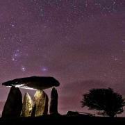 Pentre Ifan Burial Chamber with Orion constellation in sky
