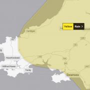 A weather warning has been issued for rain covering areas of Pembrokeshire, Carmarthenshire and Ceredigion.