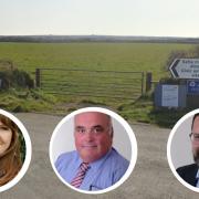 The St Davids recycling centre has gained a 12-month reprieve. Inset: Councillors Bethan Price, Mark Carter and Neil Prior. Pictures: Google/Pembrokeshire County Council.