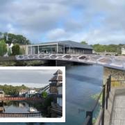 The ‘Instagram-friendly’ Haverfordwest ‘signature bridge’ plans. Picture: Atkins Ltd. Inset: The current footbridge. Picture: Google Street View.
