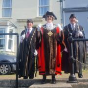 The new Mayor of Pembroke, Ann Mortenson, is pictured with mace-bearers Kevin Jones and Dennis Goldsworthy.