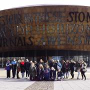 Ysgol Bro Gwaun pupils are pictured outside the Wales Millennium Centre in Cardiff Bay.