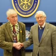The Mayor of Fishguard and Goodwick, Cllr Mike Lloyd welcomes new town councillor Edward Perkins. 
PICTURE: Western Telegraph (20076140)