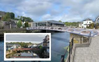 The ‘Instagram-friendly’ Haverfordwest ‘signature bridge’ plans. Picture: Atkins Ltd. Inset: The current footbridge. Picture: Google Street View.