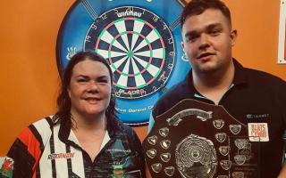 Llew Bevan after winning the Men's Red Dragon Welsh Individual Leighton Rees Memorial Shield with Rhian O'Sullivan, winner of the Sandra Greatbatch Memorial Cup.